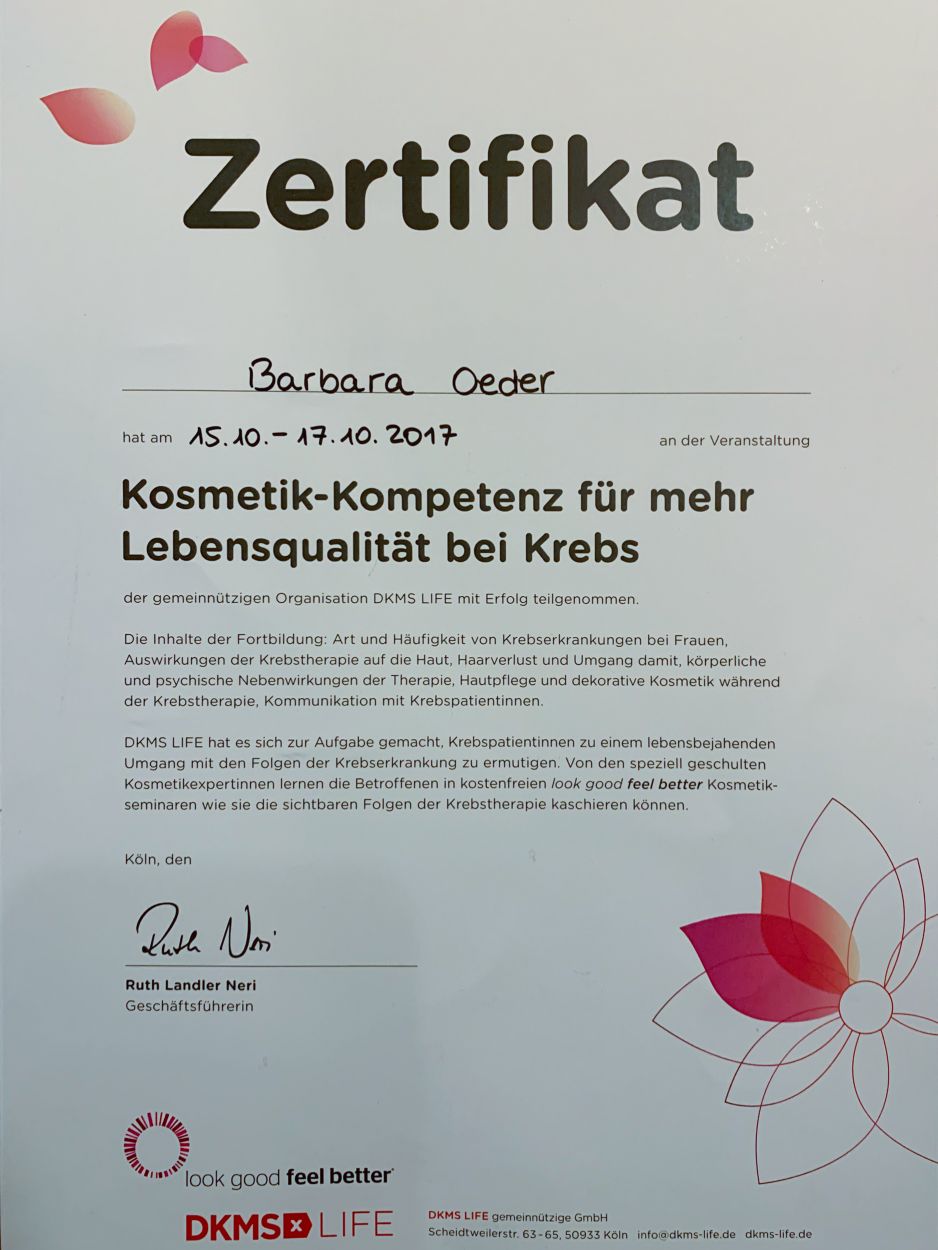 Zertifikat Dkms Kosmetik Fuer Krebspatienten Kosmetik Barbara Oeder Deggendorf