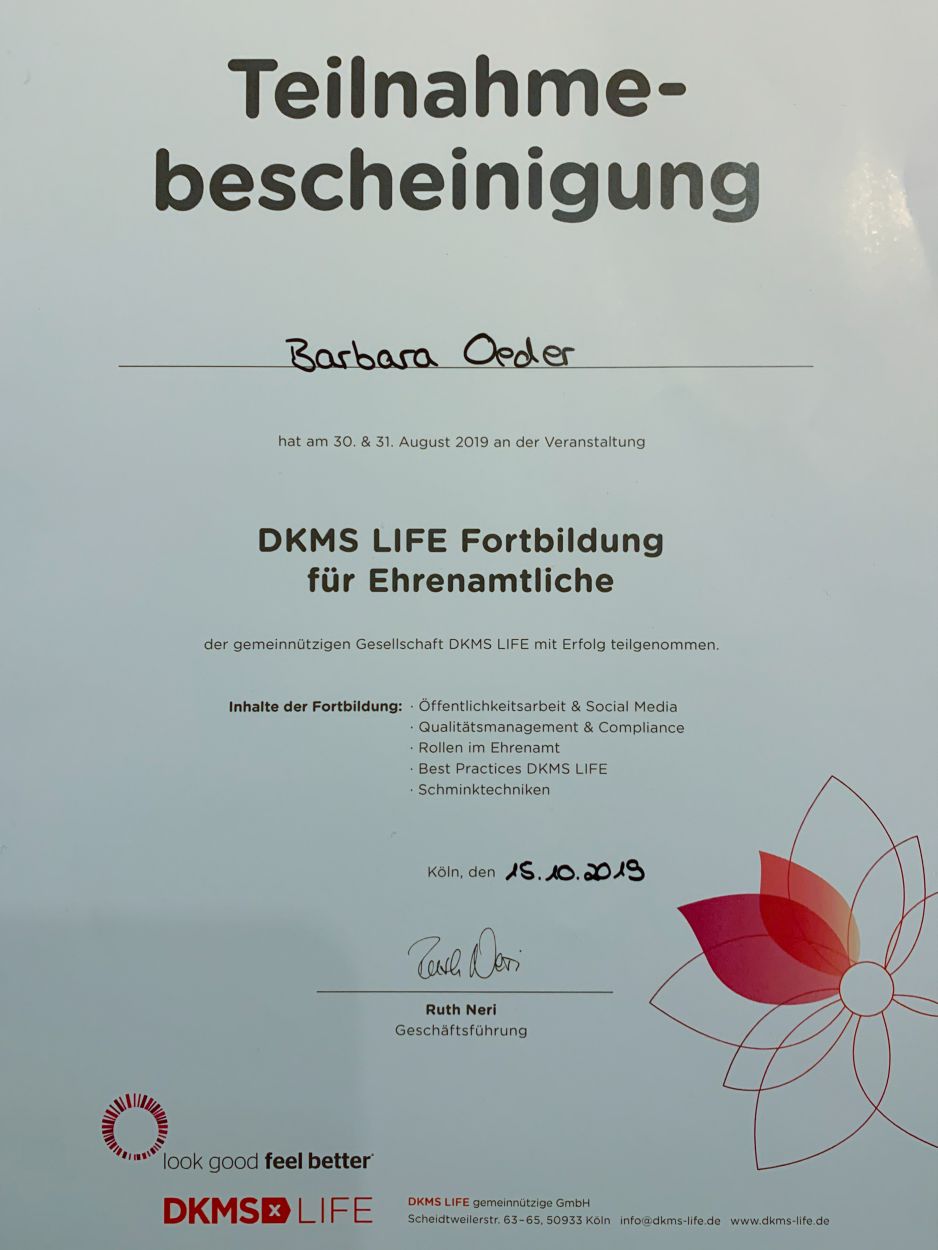 Zertifikat Dkms Kosmetik Fuer Krebspatienten Kosmetik Barbara Oeder Deggendorf