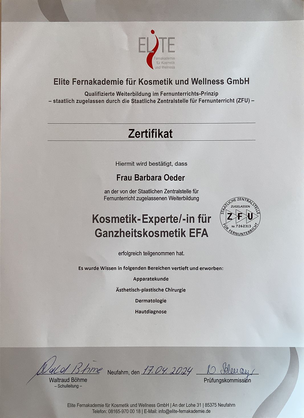 Zertifikat Kosmetik-Expertin Kosmetik Barbara Oeder Deggendorf