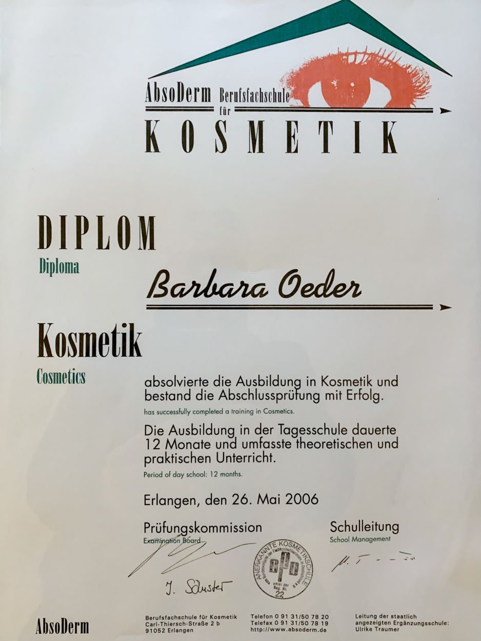 Zertifikat Ausbildung Kosmetikerin Barbara Oeder Deggendorf