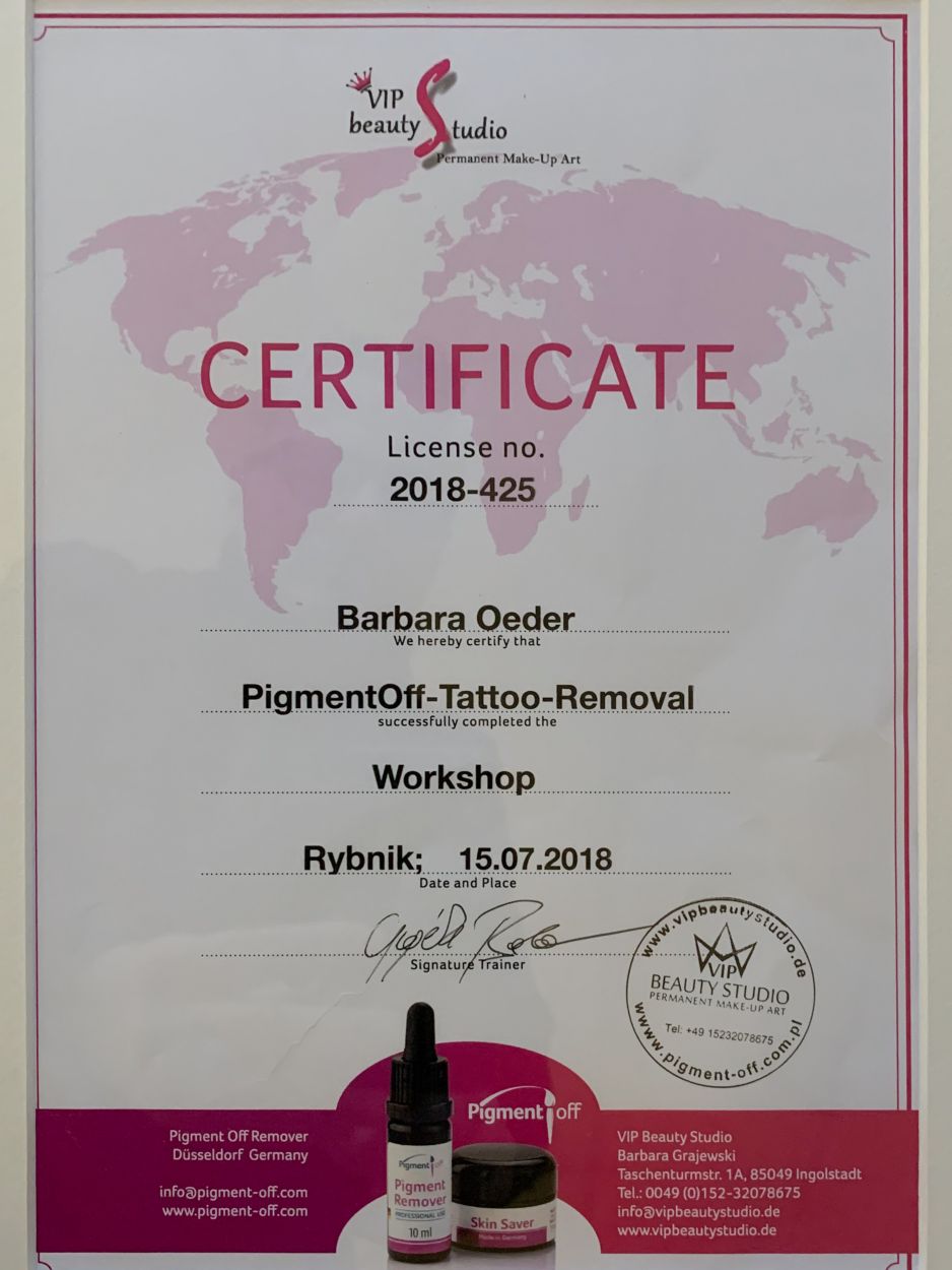 Zertifikat Entfernung Permanent Makeup Kosmetik Barbara Oeder Deggendorf