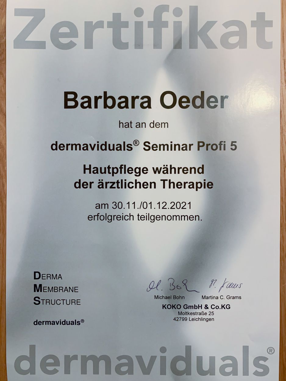 Zertifikat Hautpflege Dermaviduals Kosmetik Barbara Oeder Deggendorf