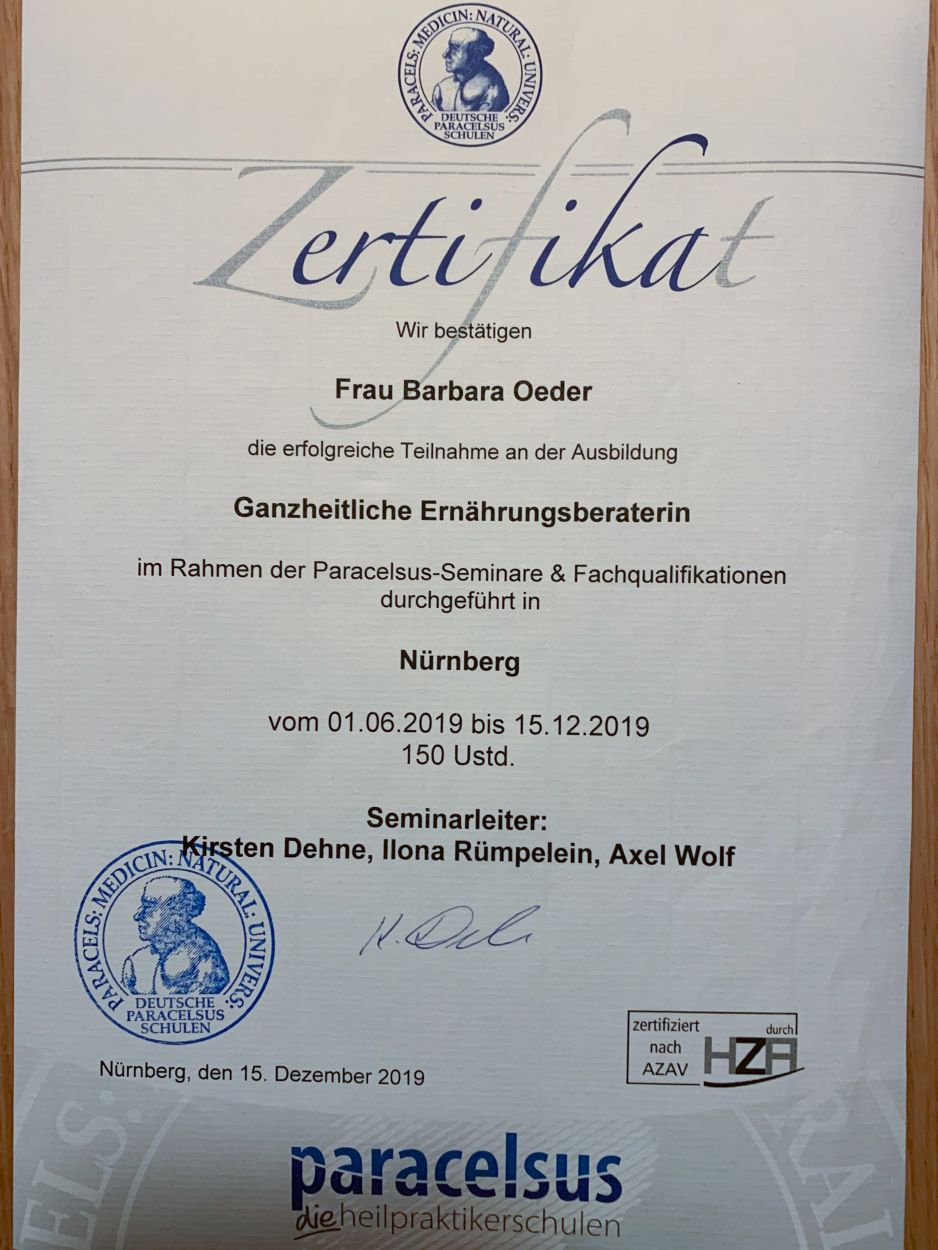 Zertifikat Ernaehrungsberaterin Kosmetik Barbara Oeder Deggendorf