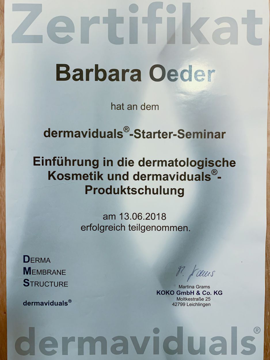 Zertifikat Dermaviduals Kosmetik Barbara Oeder Deggendorf