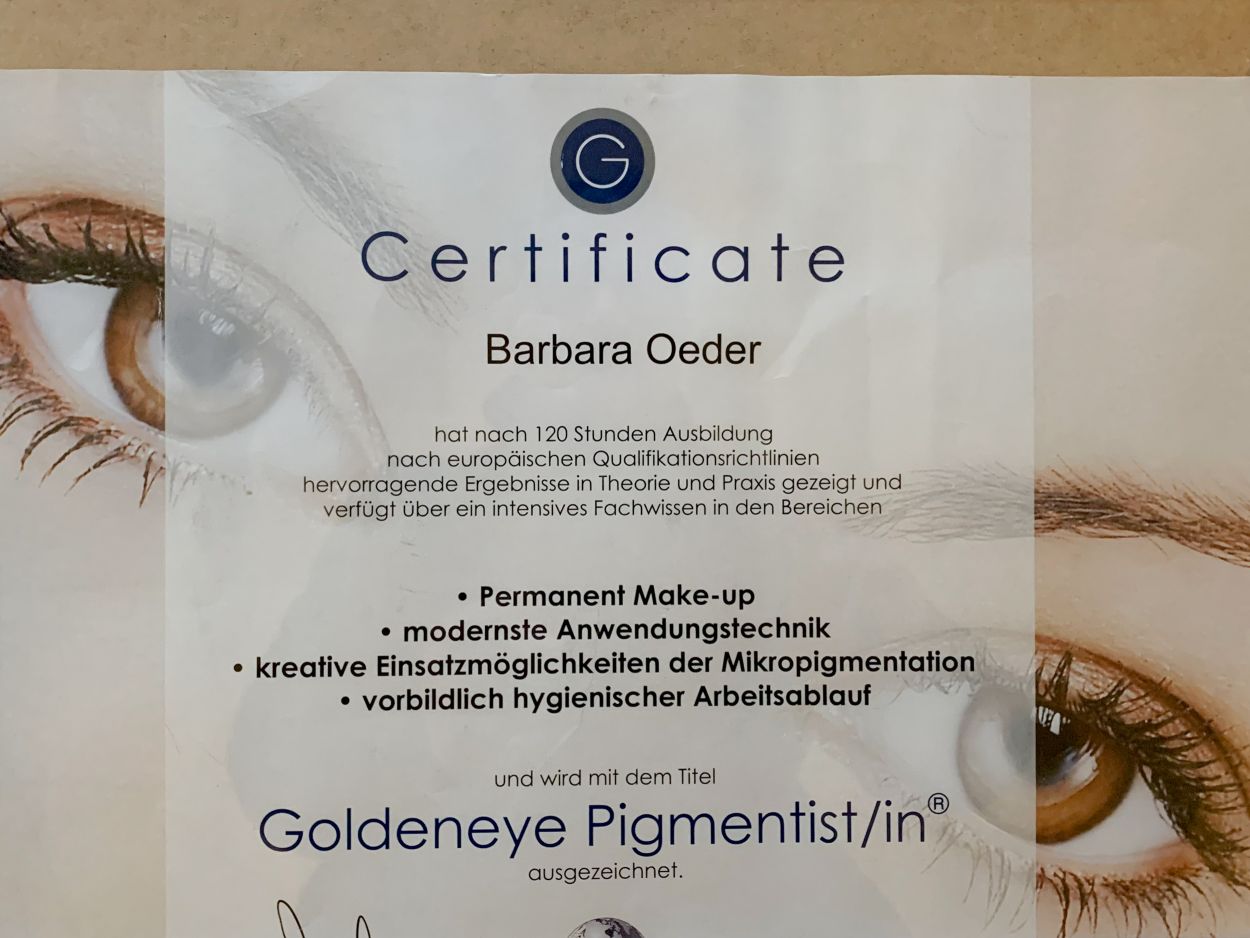 Zertifikat Permanent Makuep Kosmetik Barbara Oeder Deggendorf