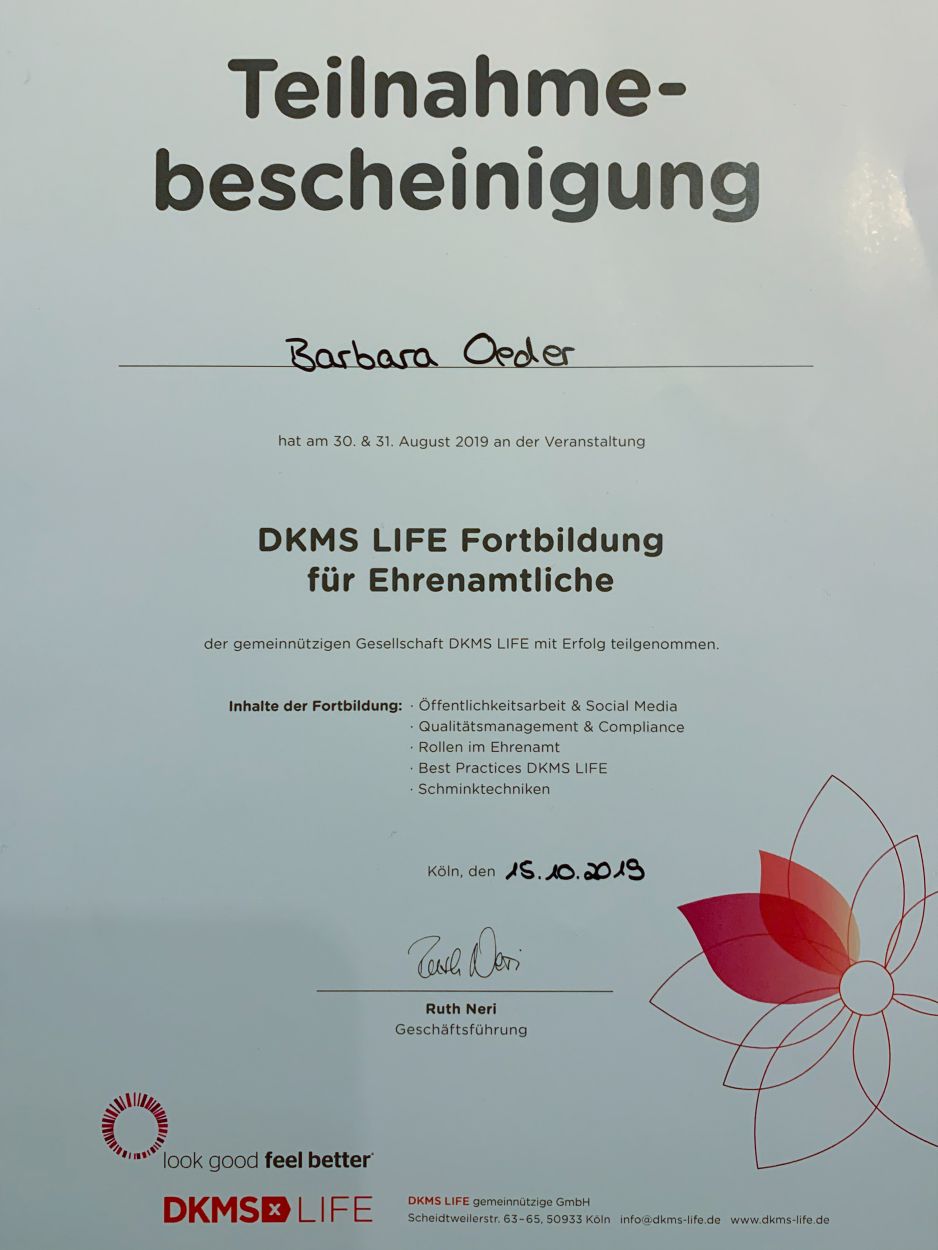 Zertifikat Dkms Kosmetik Fuer Krebspatienten Kosmetik Barbara Oeder Deggendorf